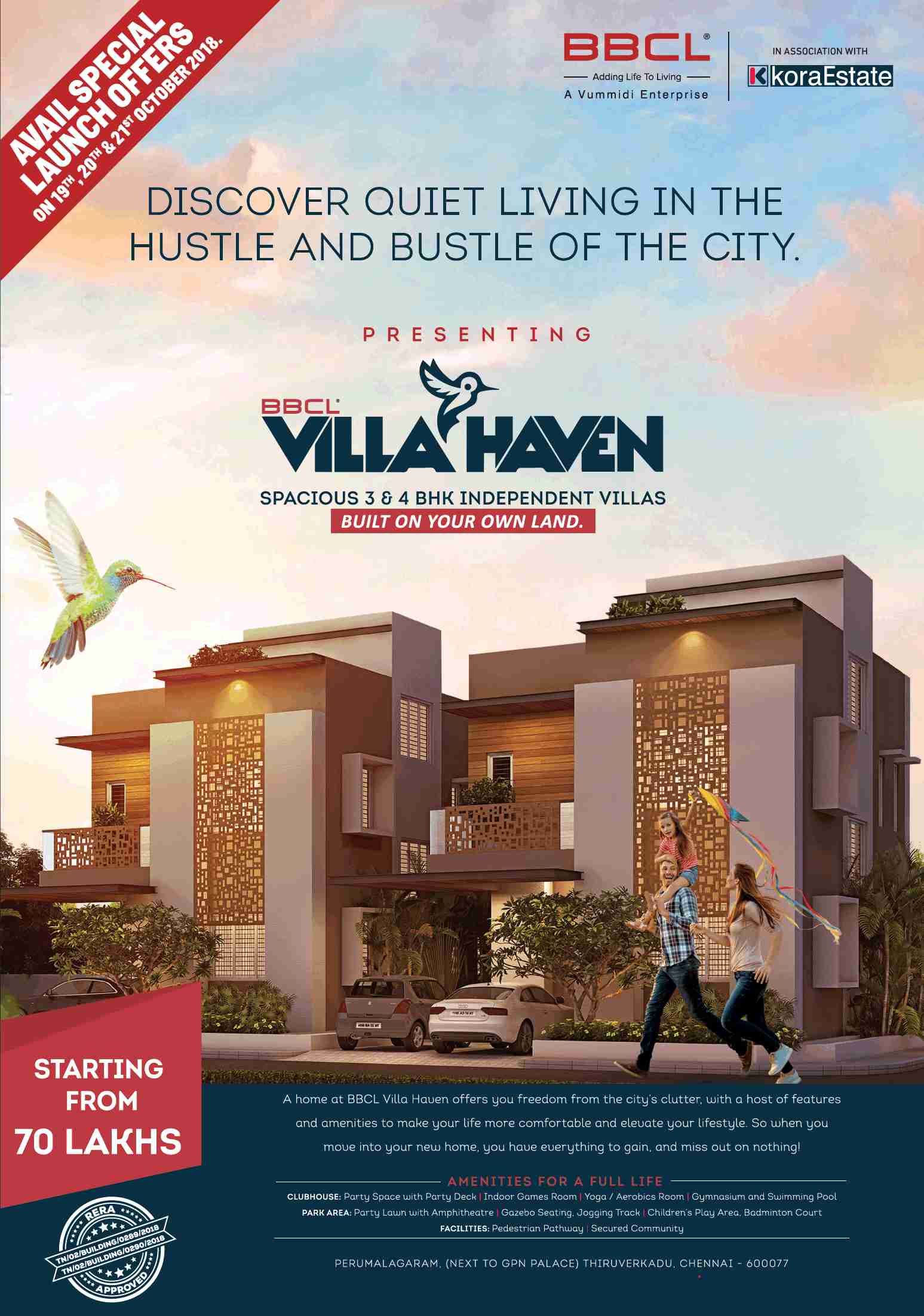Book spacious 3 & 4 BHK independent villas @ Rs 70 Lakhs at BBCL Villa Haven in Chennai